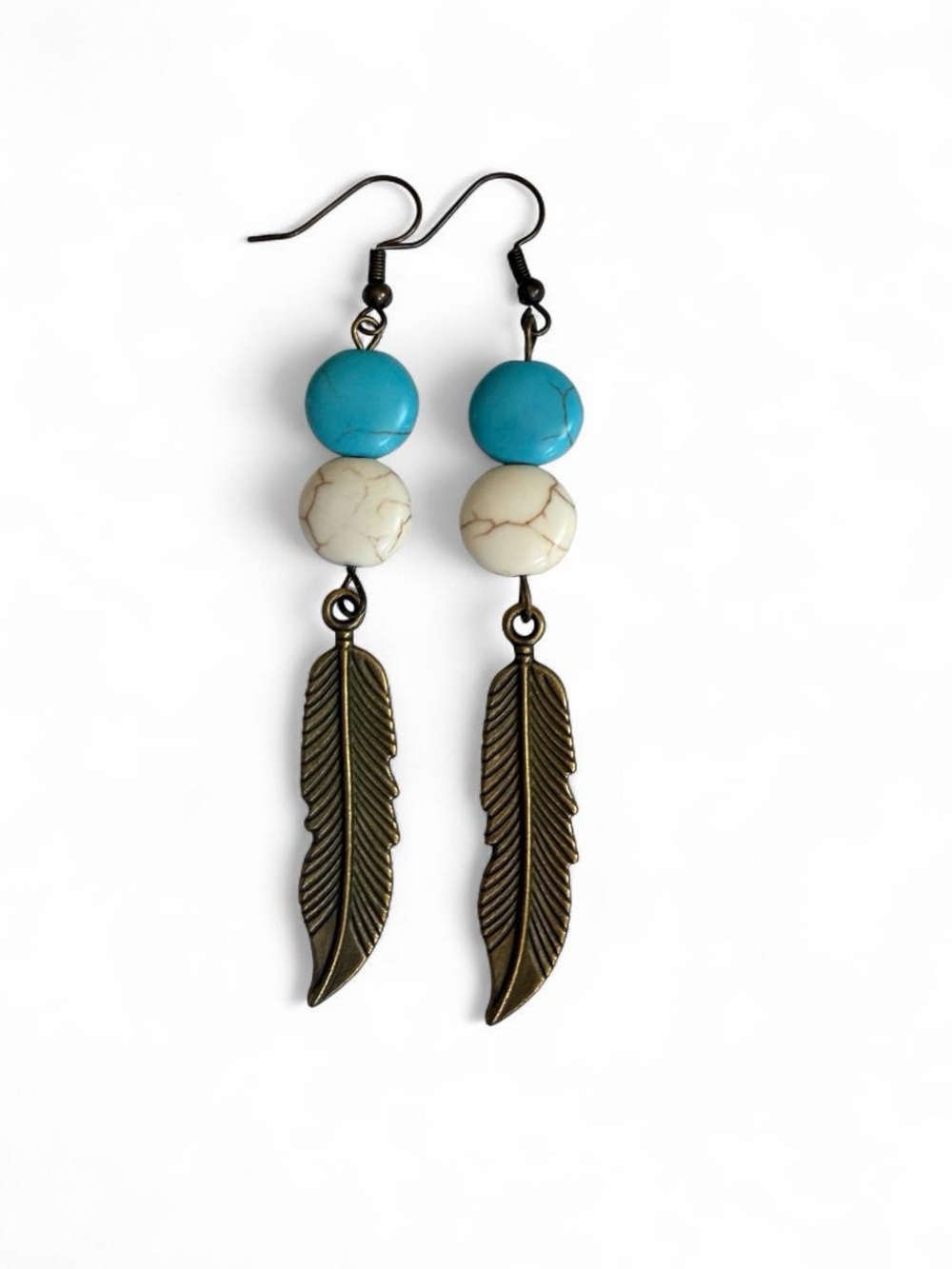 Handmade Turquoise & Howlite Feather Earrings